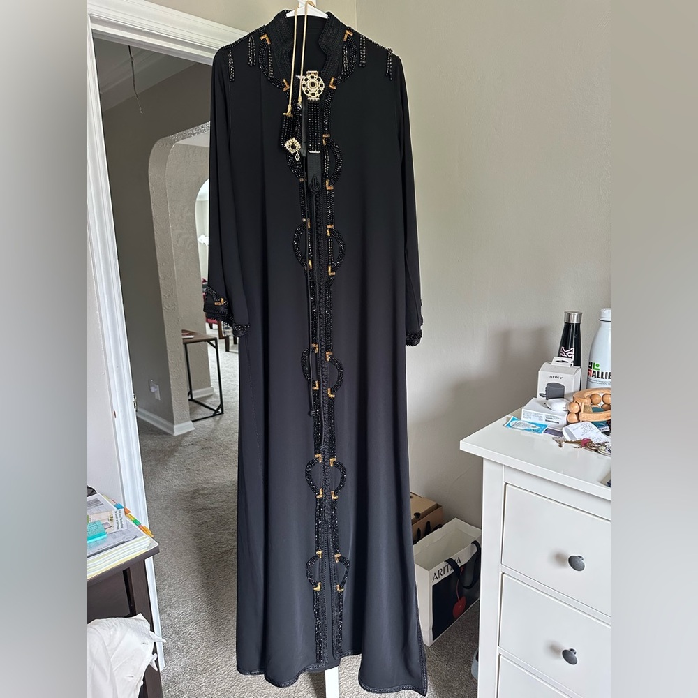 Stunning black Moroccan caftan with belt.